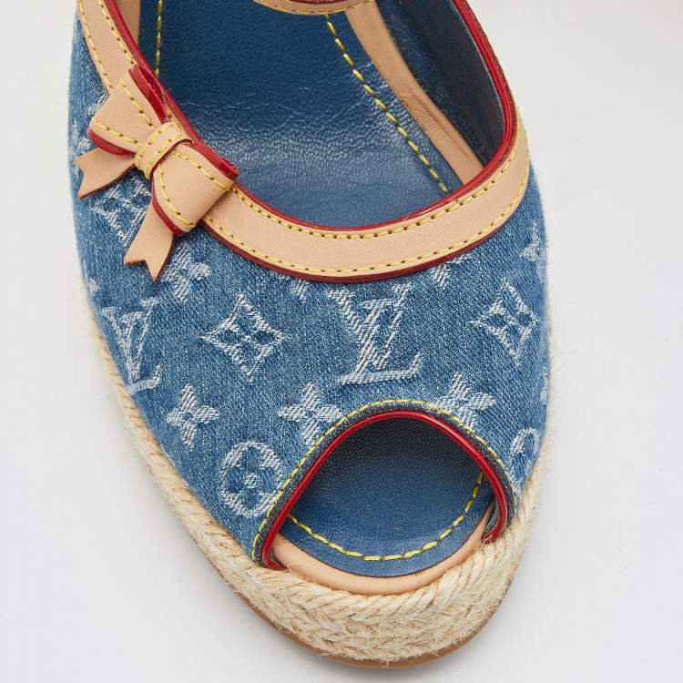 Pre Owned Louis Vuitton Blue/Beige Monogram Denim and Leather Espadrille Slingback Wedge Sandals Size 39.5