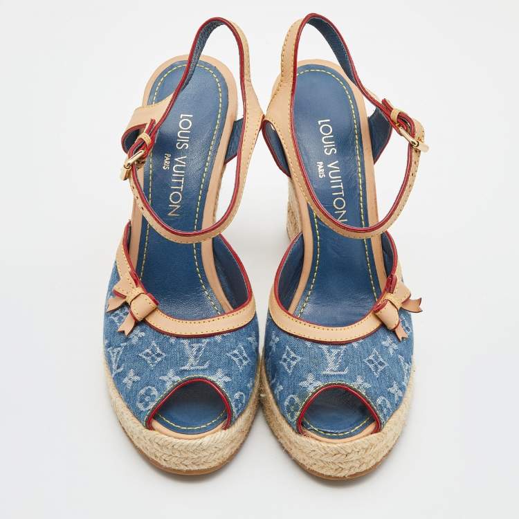 Pre Owned Louis Vuitton Blue/Beige Monogram Denim and Leather Espadrille Slingback Wedge Sandals Size 39.5