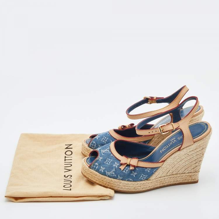 Pre Owned Louis Vuitton Blue/Beige Monogram Denim and Leather Espadrille Slingback Wedge Sandals Size 39.5