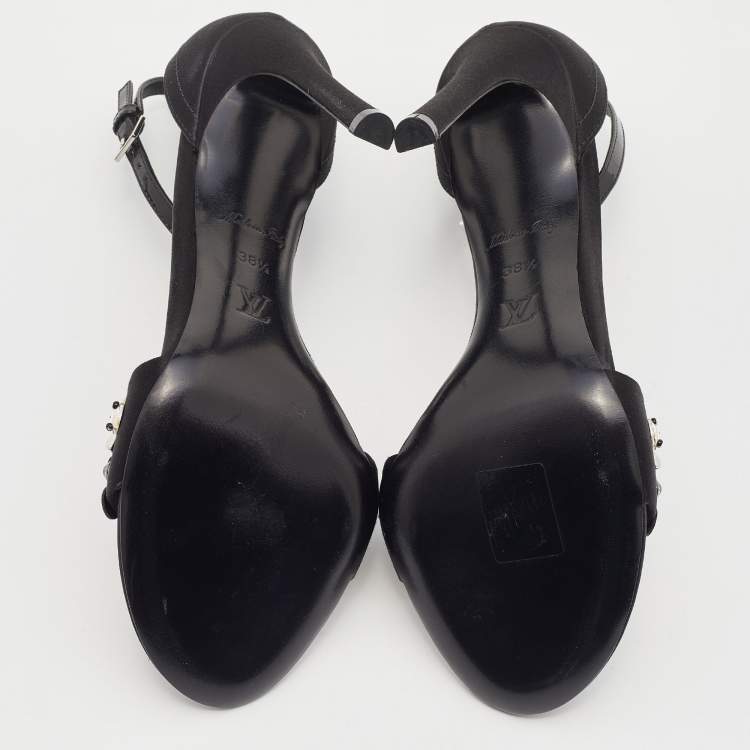 Pre Owned Louis Vuitton Black Satin and Patent Leather Embellished Ankle Strap Sandals Size 38.5