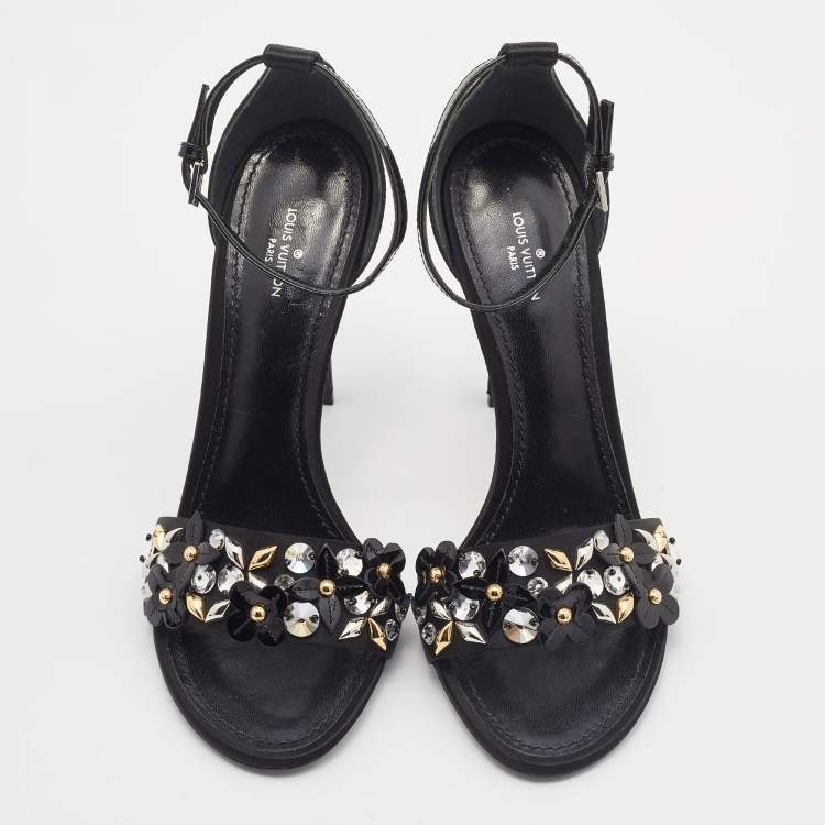 Pre Owned Louis Vuitton Black Satin and Patent Leather Embellished Ankle Strap Sandals Size 38.5