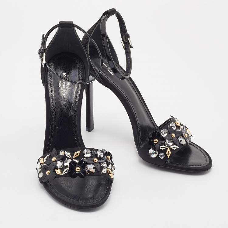 Pre Owned Louis Vuitton Black Satin and Patent Leather Embellished Ankle Strap Sandals Size 38.5