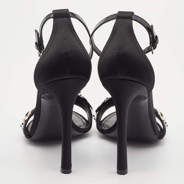 Pre Owned Louis Vuitton Black Satin and Patent Leather Embellished Ankle Strap Sandals Size 38.5