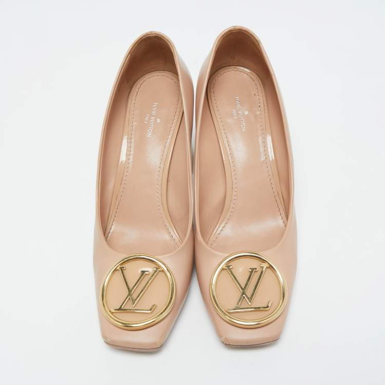 Pre Owned Louis Vuitton Beige Leather and Patent Madeleine Block Heel Pumps Size 39