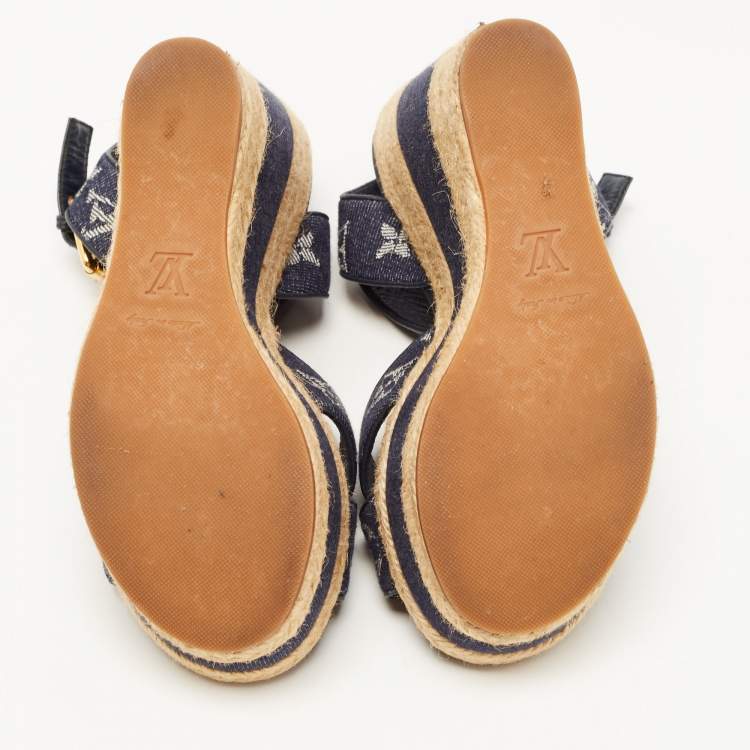 Pre Owned Louis Vuitton Blue Denim Formentera  Ankle Strap Platform Wedge Sandals Size 36