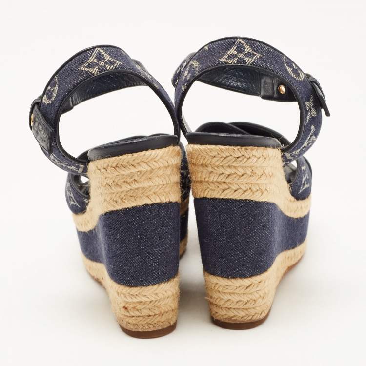 Pre Owned Louis Vuitton Blue Denim Formentera  Ankle Strap Platform Wedge Sandals Size 36
