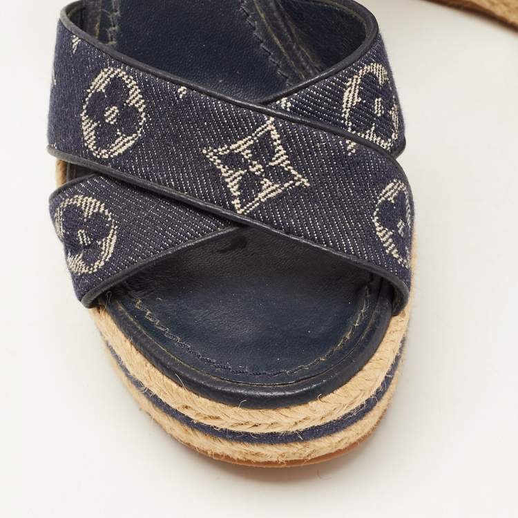 Pre Owned Louis Vuitton Blue Denim Formentera  Ankle Strap Platform Wedge Sandals Size 36