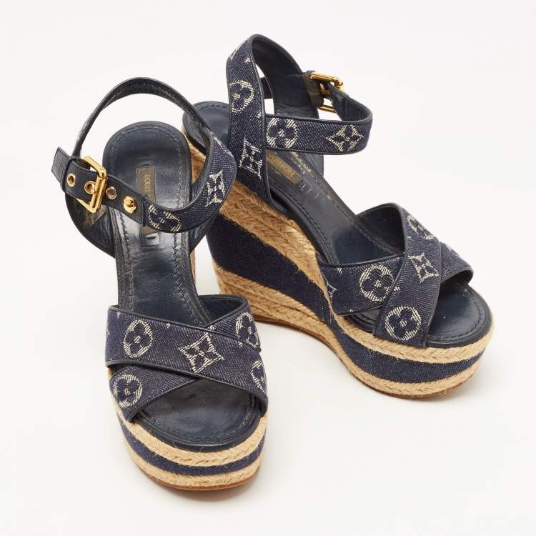 Pre Owned Louis Vuitton Blue Denim Formentera  Ankle Strap Platform Wedge Sandals Size 36