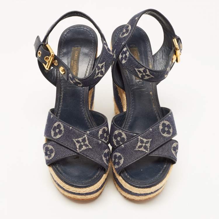 Pre Owned Louis Vuitton Blue Denim Formentera  Ankle Strap Platform Wedge Sandals Size 36