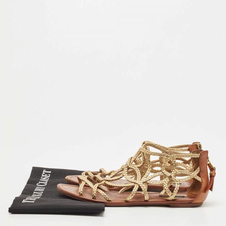 Pre Owned Louis Vuitton Gold Leather Gladiator Flats Size 38.5