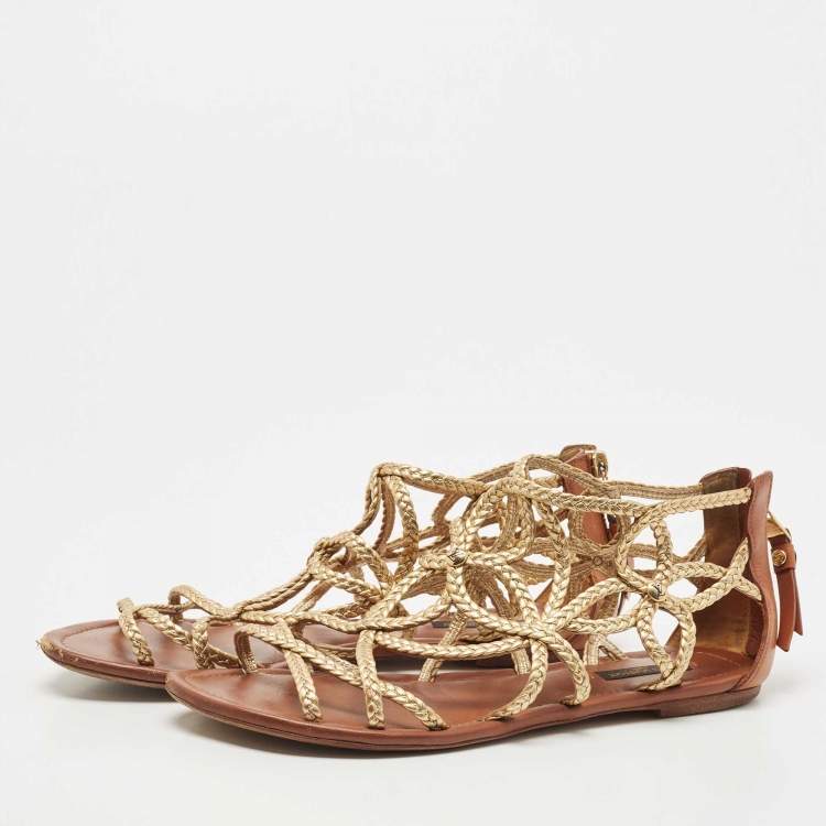 Pre Owned Louis Vuitton Gold Leather Gladiator Flats Size 38.5