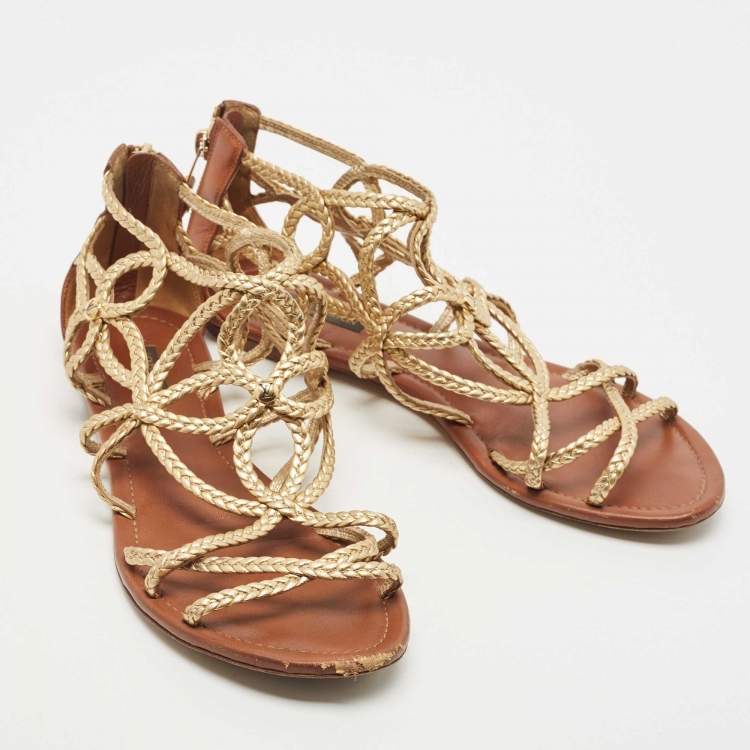 Pre Owned Louis Vuitton Gold Leather Gladiator Flats Size 38.5