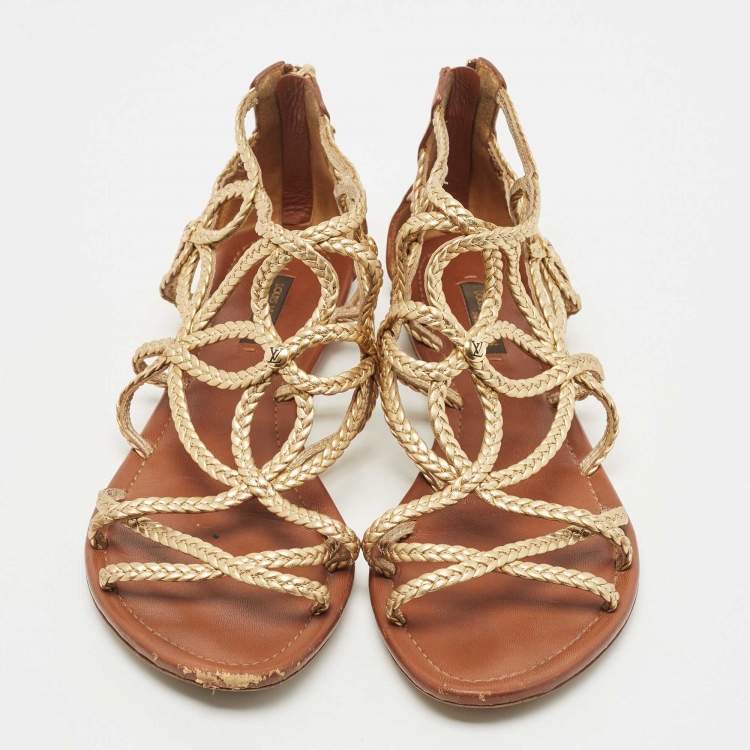Pre Owned Louis Vuitton Gold Leather Gladiator Flats Size 38.5