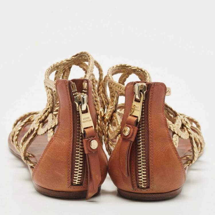 Pre Owned Louis Vuitton Gold Leather Gladiator Flats Size 38.5