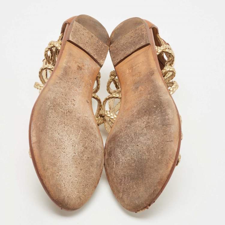 Pre Owned Louis Vuitton Gold Leather Gladiator Flats Size 38.5