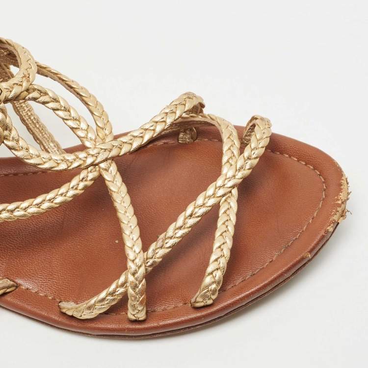 Pre Owned Louis Vuitton Gold Leather Gladiator Flats Size 38.5