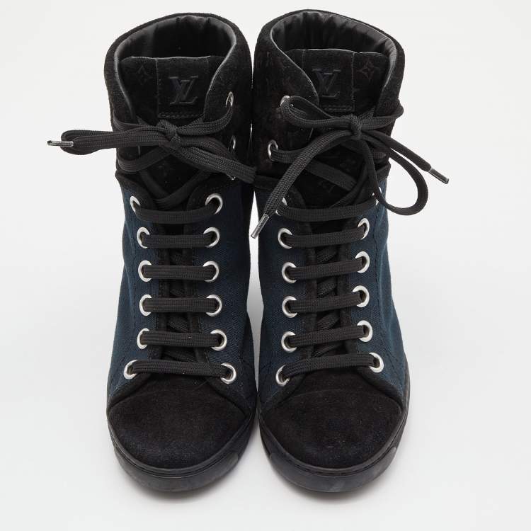 Pre Owned Louis Vuitton Blue/Black Canvas and Monogram Suede Millenium Wedge Sneakers Size 36.5
