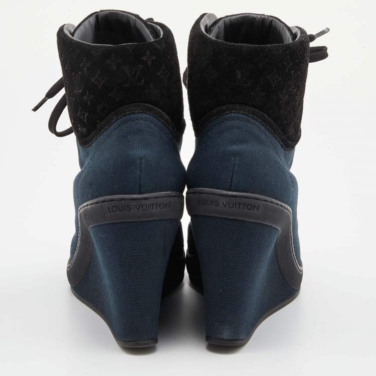 Pre Owned Louis Vuitton Blue/Black Canvas and Monogram Suede Millenium Wedge Sneakers Size 36.5