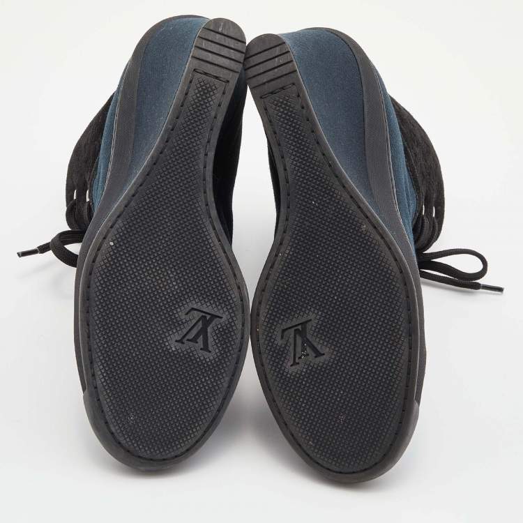 Pre Owned Louis Vuitton Blue/Black Canvas and Monogram Suede Millenium Wedge Sneakers Size 36.5