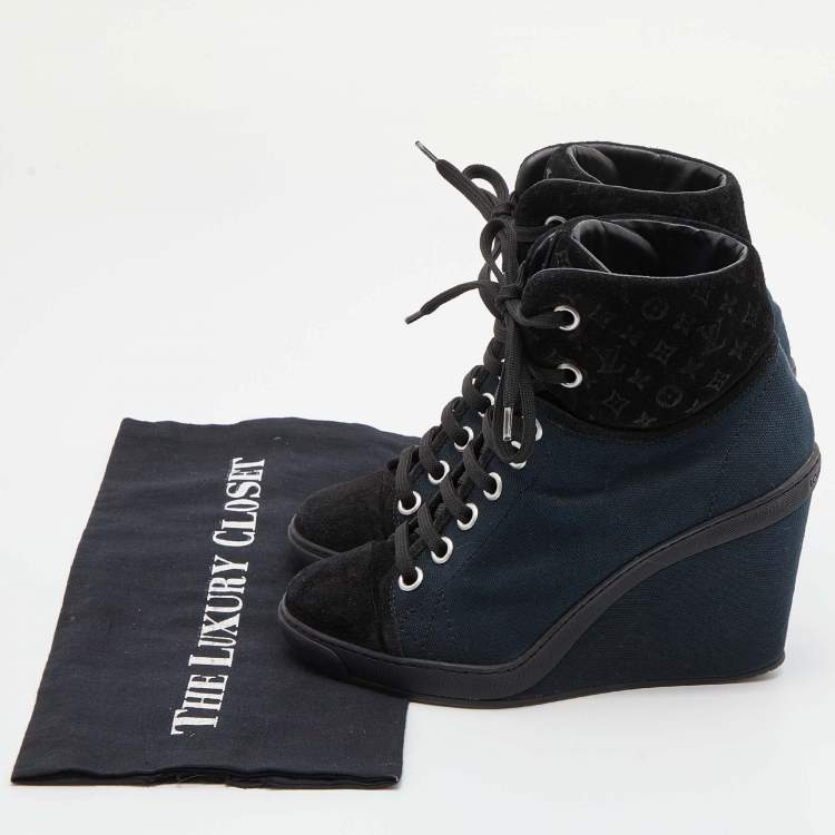 Pre Owned Louis Vuitton Blue/Black Canvas and Monogram Suede Millenium Wedge Sneakers Size 36.5