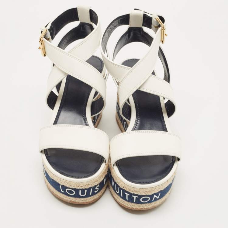 مملوكة مسبقًا Louis Vuitton White Leather Wedge Ankle Sandals Size 41