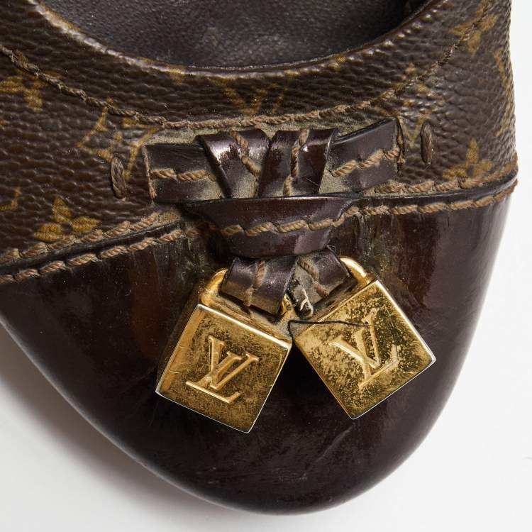 Pre Owned Louis Vuitton Brown Monogram Canvas and Leather Cap Toe Dice Ballet Flats Size 39