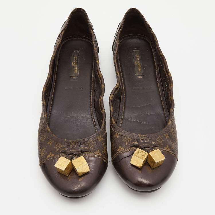 Pre Owned Louis Vuitton Brown Monogram Canvas and Leather Cap Toe Dice Ballet Flats Size 39