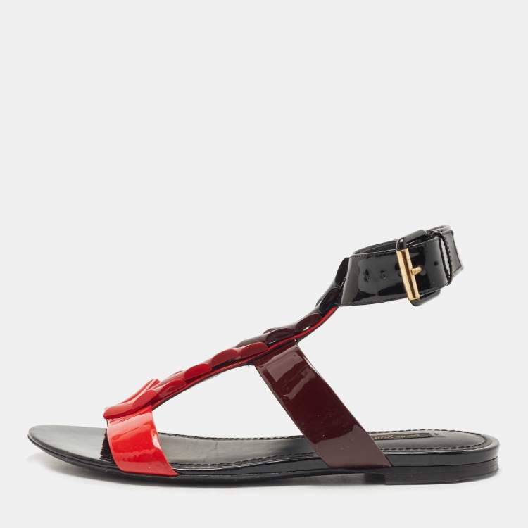Louis Vuitton Multicolor Patent Leather Ankle Strap Flat Sandals Size 37.5