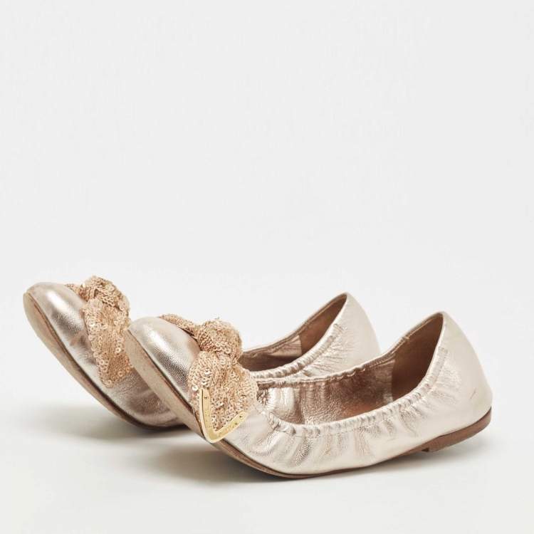 Louis Vuitton Beige Leather Bow Scrunch Ballet Flats Size 38 Louis