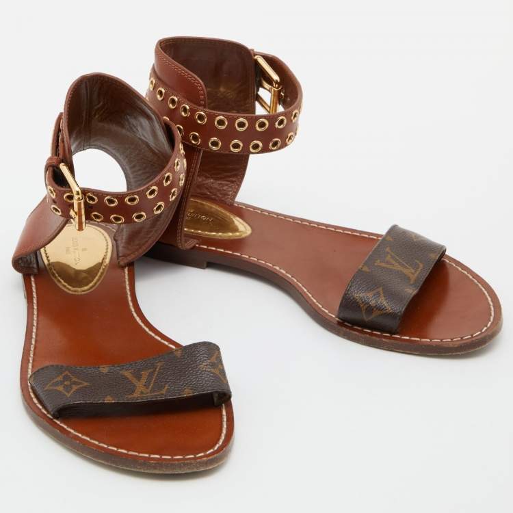 Pre Owned Louis Vuitton Brown Monogram Canvas and Leather Passenger Flat Sandals Size 38