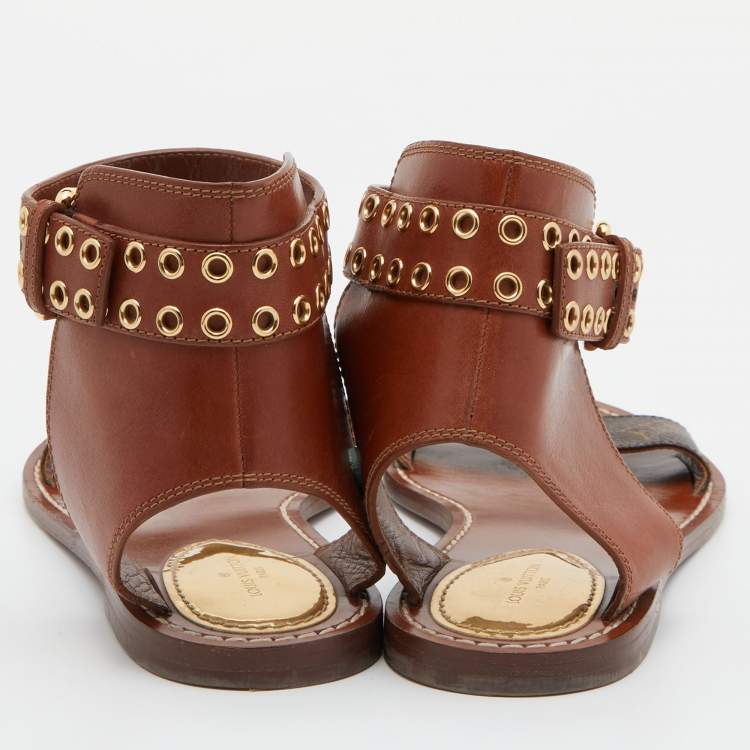 Pre Owned Louis Vuitton Brown Monogram Canvas and Leather Passenger Flat Sandals Size 38