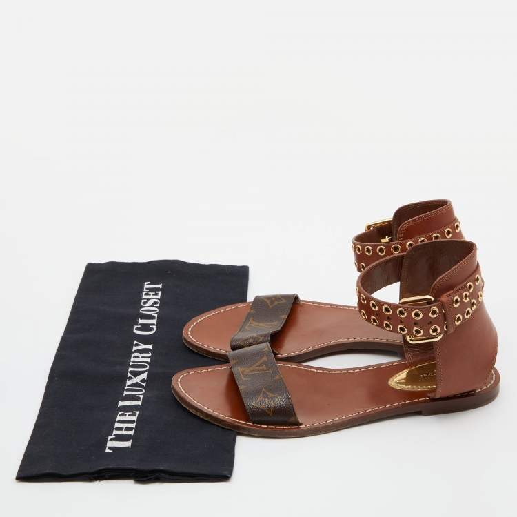 Pre Owned Louis Vuitton Brown Monogram Canvas and Leather Passenger Flat Sandals Size 38