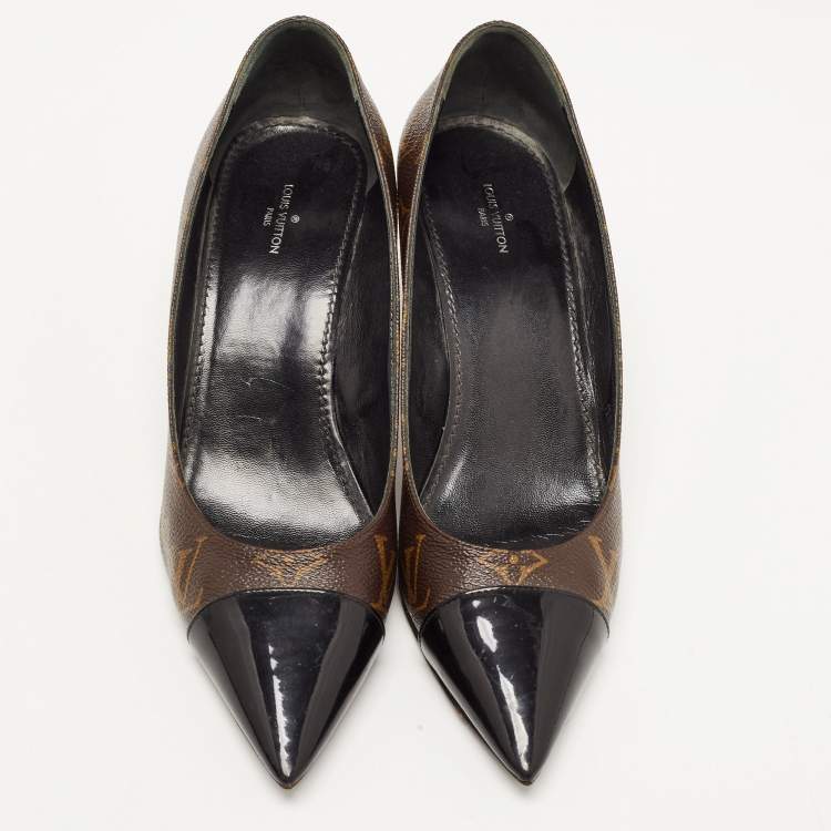 Pre Owned Louis Vuitton Black/Brown Monogram Canvas and Patent Leather Fetish Pumps Size 40