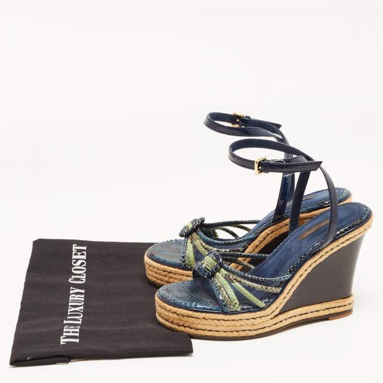 Pre Owned Louis Vuitton Navy Blue/Green Snakeskin and Patent Leather Wedge Strappy Sandals Size 37