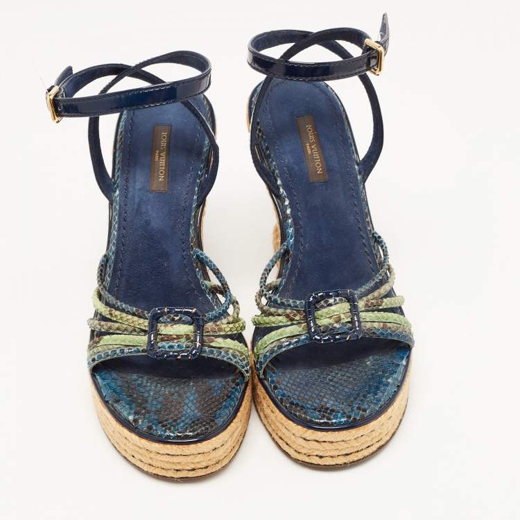 Pre Owned Louis Vuitton Navy Blue/Green Snakeskin and Patent Leather Wedge Strappy Sandals Size 37