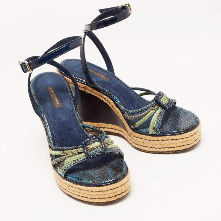 Pre Owned Louis Vuitton Navy Blue/Green Snakeskin and Patent Leather Wedge Strappy Sandals Size 37