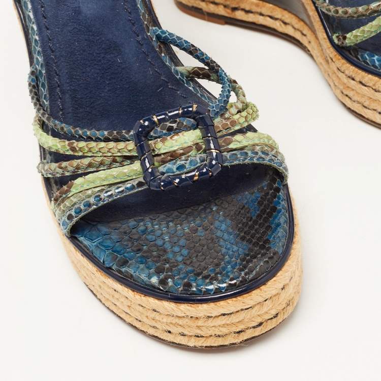 Pre Owned Louis Vuitton Navy Blue/Green Snakeskin and Patent Leather Wedge Strappy Sandals Size 37