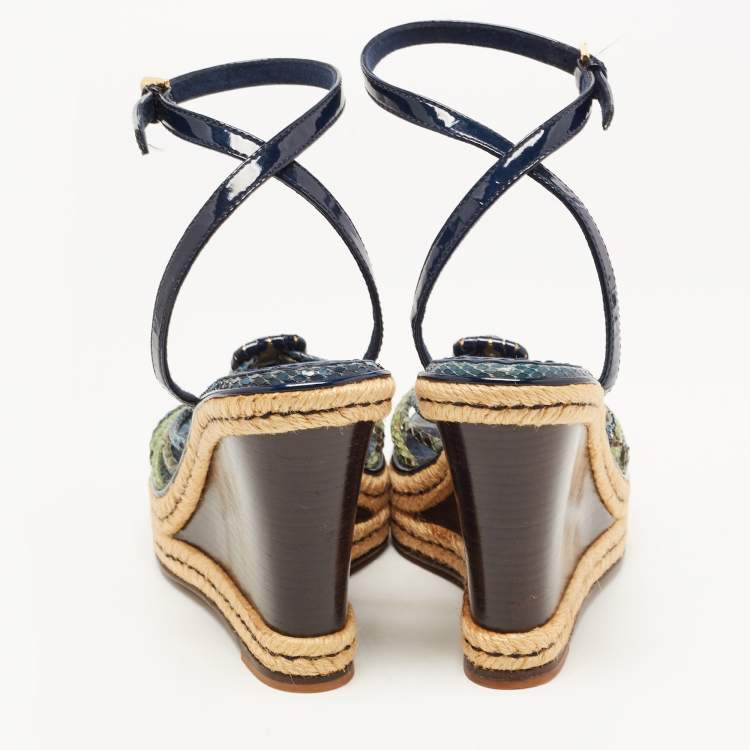 Pre Owned Louis Vuitton Navy Blue/Green Snakeskin and Patent Leather Wedge Strappy Sandals Size 37