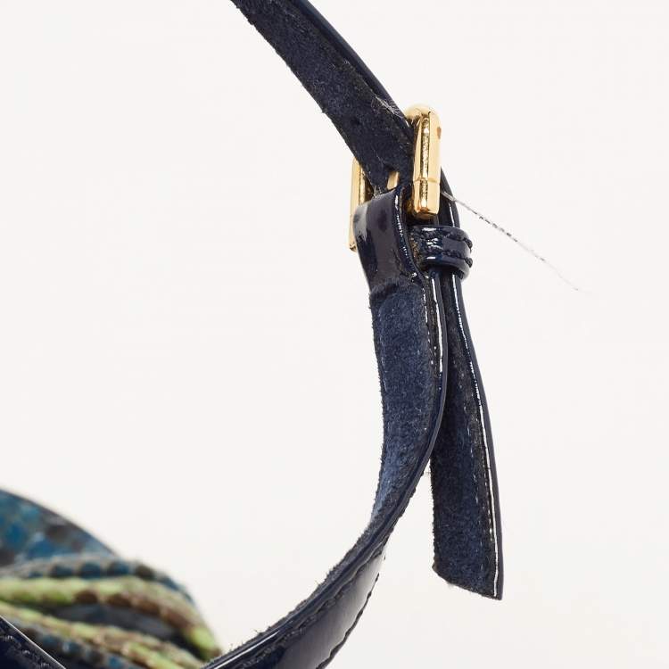 Pre Owned Louis Vuitton Navy Blue/Green Snakeskin and Patent Leather Wedge Strappy Sandals Size 37