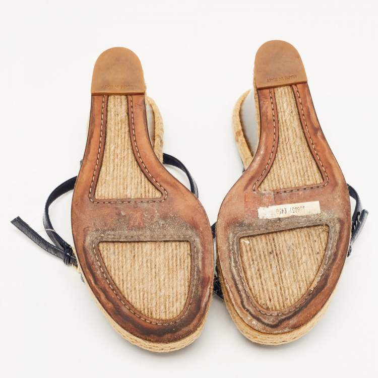Pre Owned Louis Vuitton Navy Blue/Green Snakeskin and Patent Leather Wedge Strappy Sandals Size 37