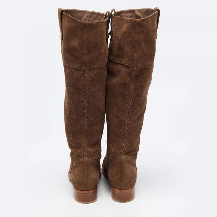Pre Owned Louis Vuitton Brown Suede Knee Length Boots Size 38