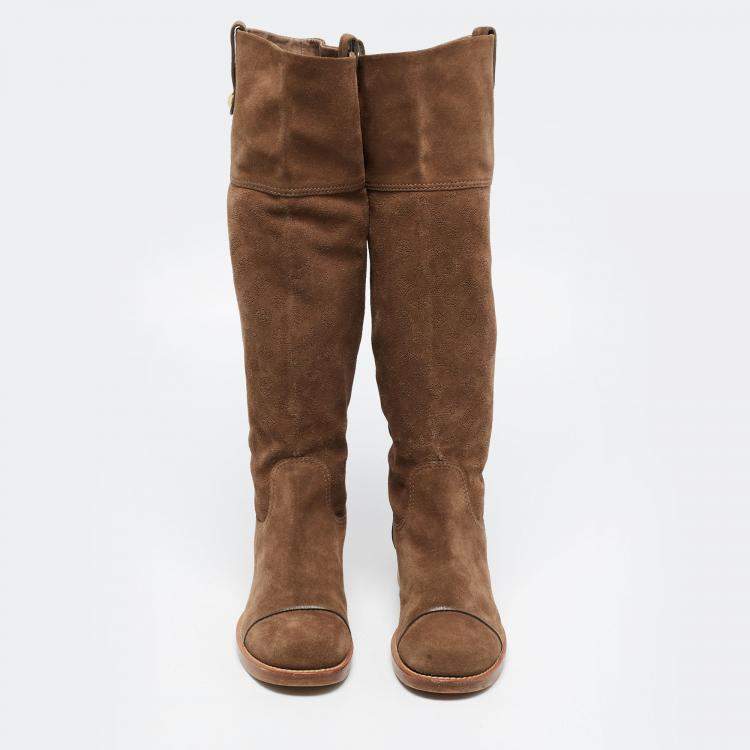 Pre Owned Louis Vuitton Brown Suede Knee Length Boots Size 38
