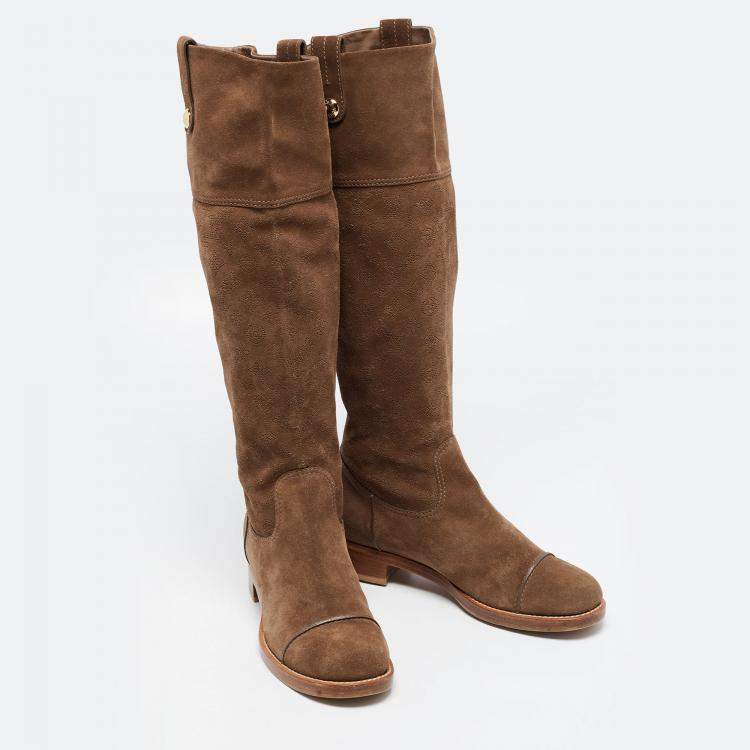 Pre Owned Louis Vuitton Brown Suede Knee Length Boots Size 38