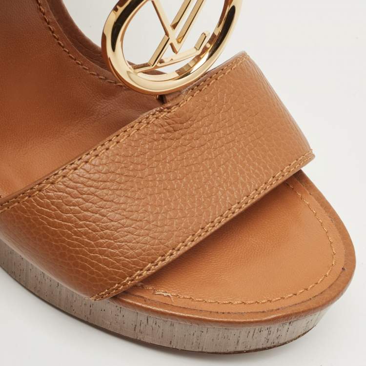 Pre Owned Louis Vuitton Brown Leather Vedette Wedge Sandals Size 39
