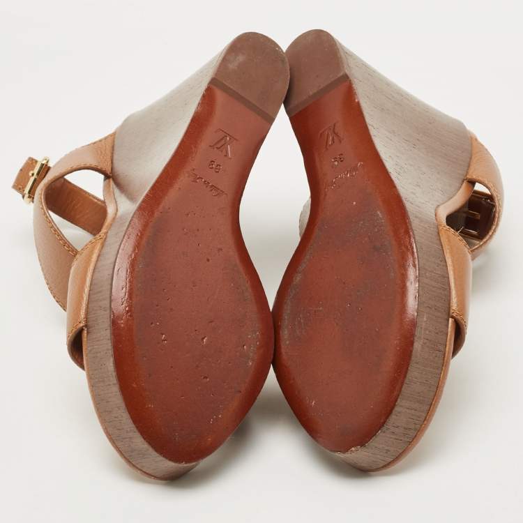 Pre Owned Louis Vuitton Brown Leather Vedette Wedge Sandals Size 39