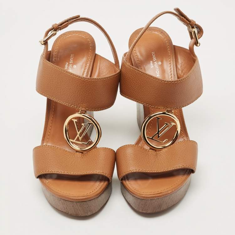 Pre Owned Louis Vuitton Brown Leather Vedette Wedge Sandals Size 39