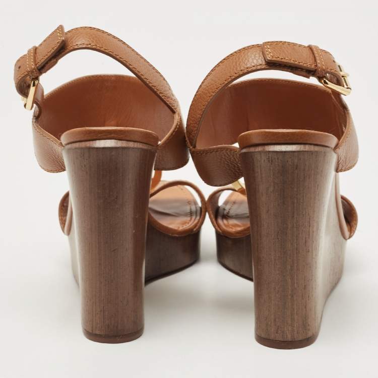 Pre Owned Louis Vuitton Brown Leather Vedette Wedge Sandals Size 39