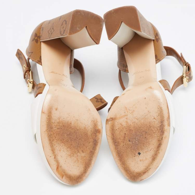 Pre Owned Louis Vuitton White/Brown Monogram Canvas and Leather Matchmake Ankle Strap Sandals Size 39