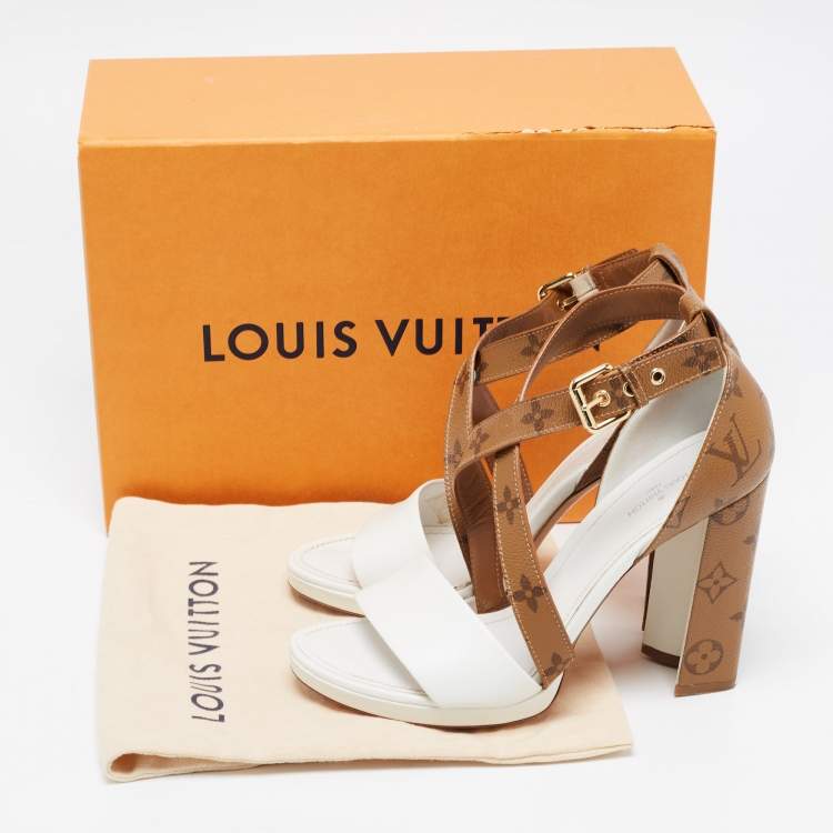 Pre Owned Louis Vuitton White/Brown Monogram Canvas and Leather Matchmake Ankle Strap Sandals Size 39