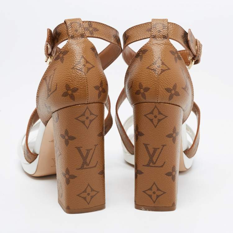 Pre Owned Louis Vuitton White/Brown Monogram Canvas and Leather Matchmake Ankle Strap Sandals Size 39